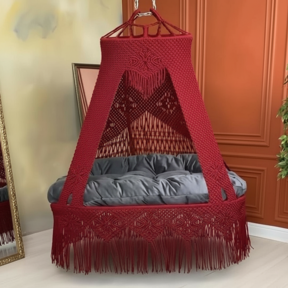 Macrame Swing Bed with Diamond Wave Pattern Mattress by Kaahira – Maroon