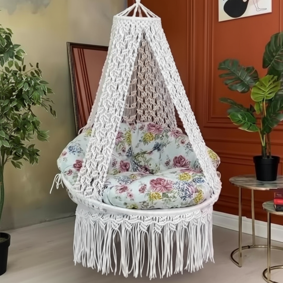 Macrame Canopy Swing Chair with Floral Cushion by Kaahira – Off-White