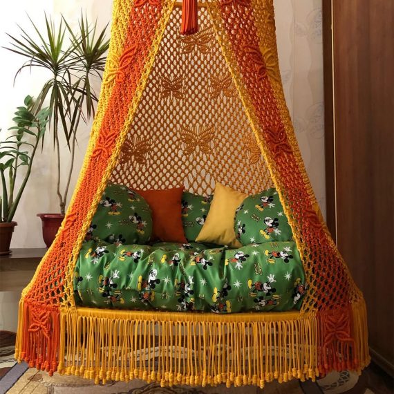 Macrame Swing Bed with Butterfly Pattern by Kaahira – Orange & Yellow