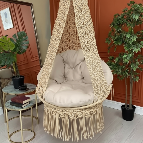Macrame Canopy Swing Chair with Diamond Wave Pattern by Kaahira – Beige