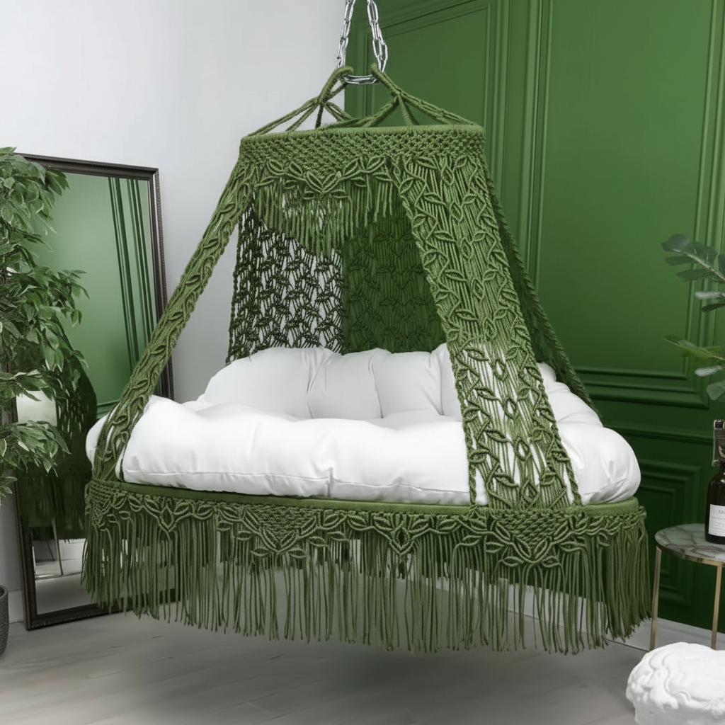 Macrame Swing Bed with Floral Pattern Mattress by Kaahira โ Olive Green
